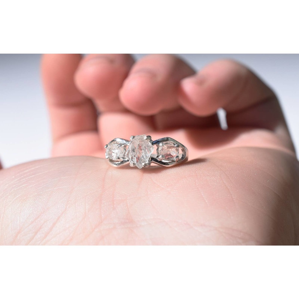 Raw Stone Engagement Ring Unique Rustic Oval Tri-stone Sterling Silver